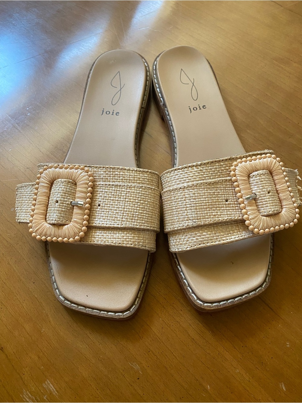 Joie Natural Raffia Buckle Slide Sandals